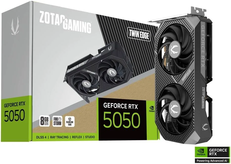 ZOTAC GAMING GeForce RTX 5050 Twin Edge 8GB Graphics Card, GDDR6 128-Bit Memory, 2572 MHz Engine Clock, 20 Gbps Memory Clock, 2560 CUDA Cores, PCI Express 5.0 x8 | ZT-B50500E-10M