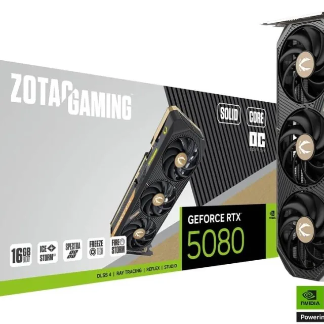 ZOTAC GAMING GeForce RTX 5080 SOLID CORE OC Graphics Card, 16GB GDDR7 256-Bit Memory, 2640 MHz Engine Clock, 30 Gbps Memory Clock, 10752 CUDA Cores, PCI Express 5.0 x16 | ZT-B50800J2-10P