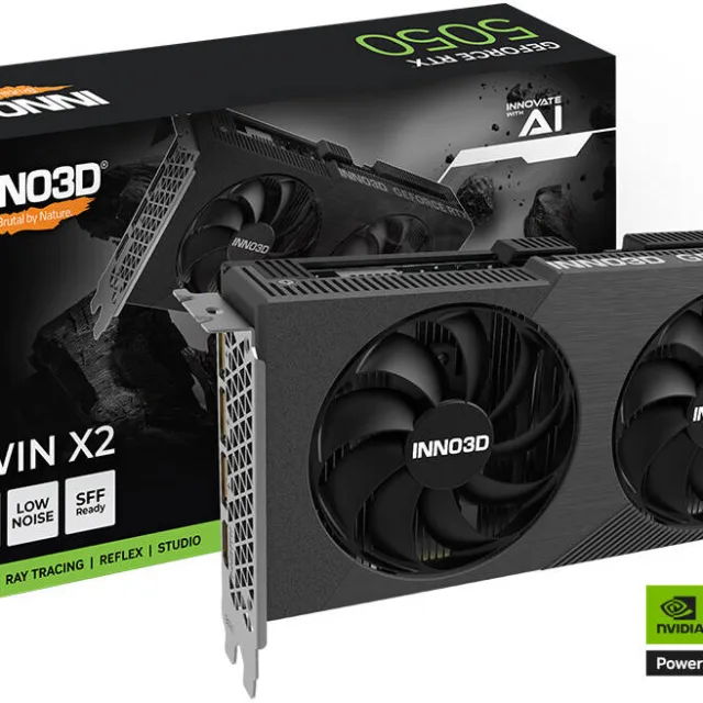 Inno3D GeForce RTX 5050 TWIN X2 8GB Graphics Card, GDDR6 128-Bit Memory, 2317 MHz Base Clock, 20 Gbps Memory Clock, 2560 CUDA Cores, PCI Express Gen 5 | N50502-08D6-174071N