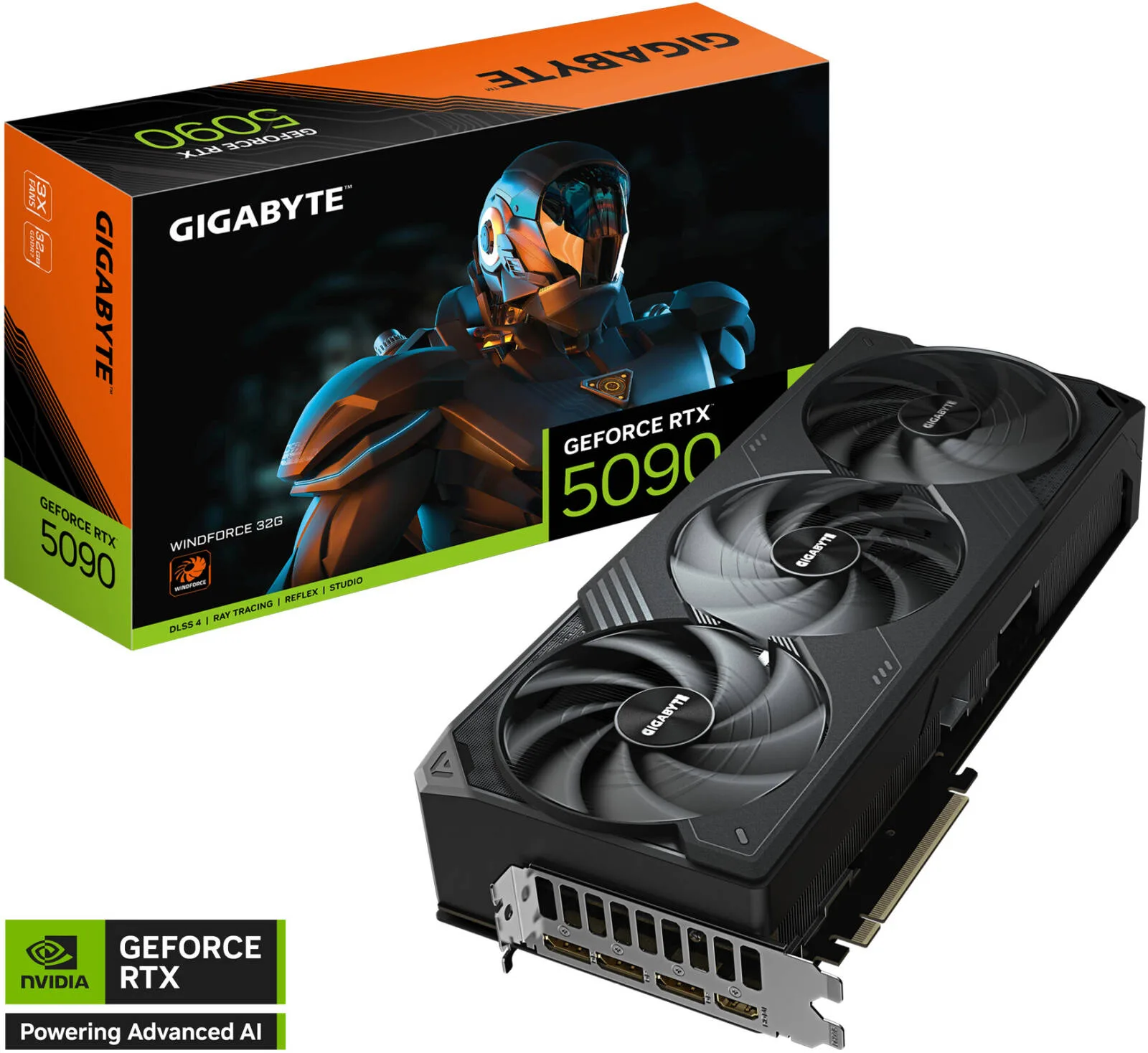 GIGABYTE GeForce RTX 5090 WINDFORCE 32GB Graphics Card, GDDR7 512-Bit Memory, 2407 MHz Core Clock, 28 Gbps Memory Clock, 21760 CUDA Cores, PCI-Express 5.0, Black | GV-N5090WF3-32GD