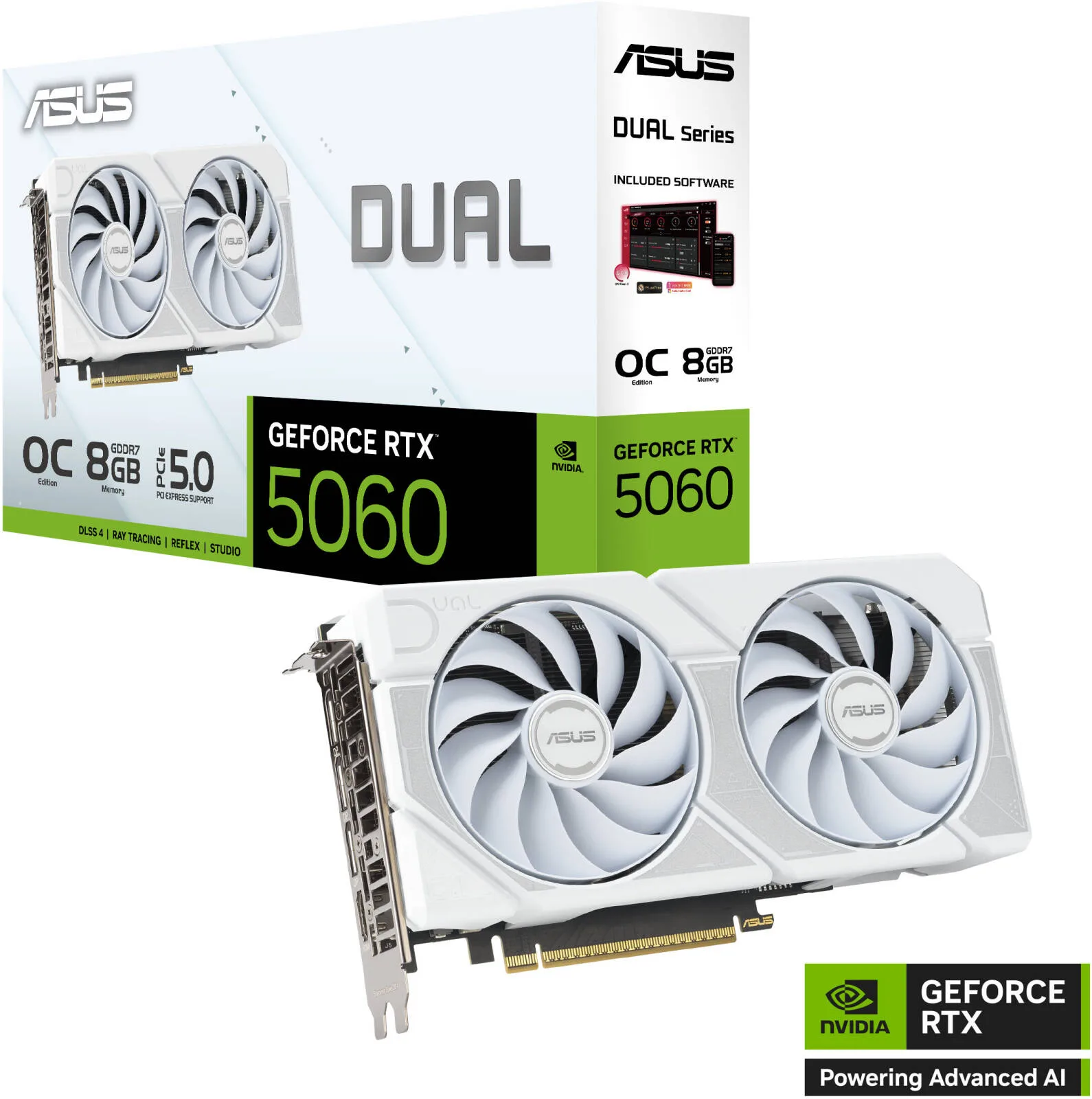 ASUS Dual GeForce RTX 5060 White OC Edition 8GB GDDR7 Graphics Card, 8GB GDDR7 128-Bit Memory, 2535MHz Boost Clock, 28 Gbps Memory Speed, 3840 CUDA Cores, PCI Express 5.0, White | 90YV0N15-M0NA00