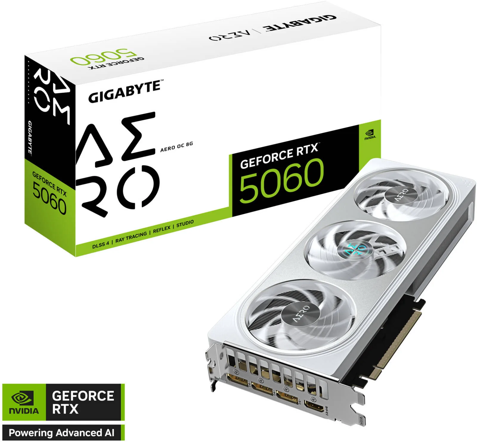 GIGABYTE GeForce RTX 5060 AERO OC Graphics Card, 8GB GDDR7 128-Bit Memory, 2595 MHz Core Clock, 3840 CUDA Cores, 28 Gbps Memory Speed, PCI Express 5.0, White | GV-N5060AERO OC-8GD