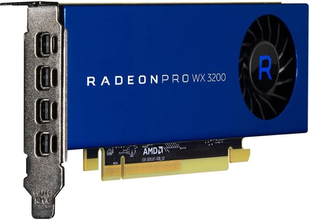 AMD Radeon Pro WX 3200 Graphics Card, 4GB GDDR5 128-bit Memory, 96 GB/s Memory Bandwidth, 640 Stream Processors, PCIe 3.0 x16, 1.66 TFLOPS Single Precision, 4 x Mini DisplayPort 1.4 | 100-506115