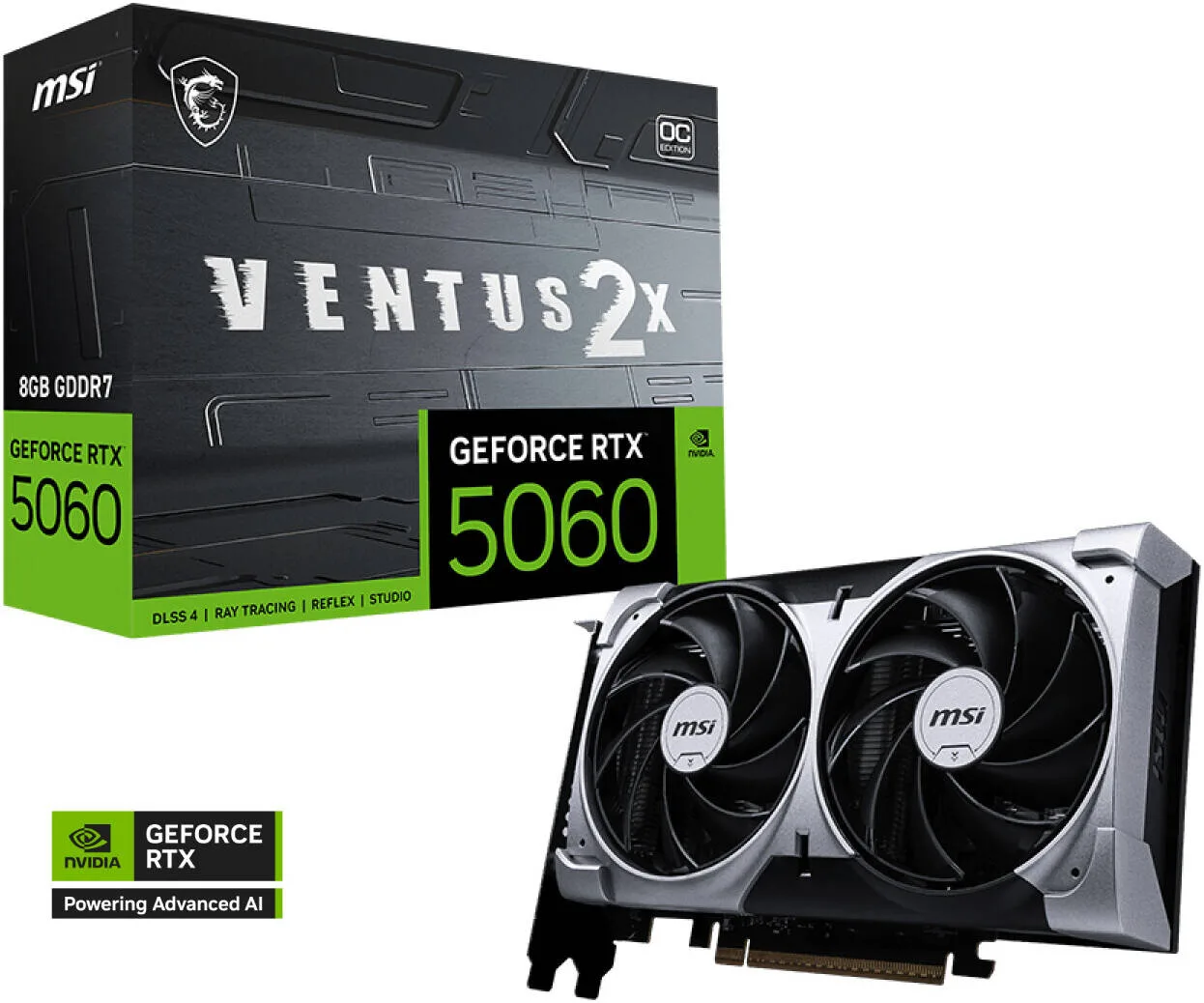 MSI GeForce RTX 5060 VENTUS 2X OC Graphics Card, 8GB GDDR7 128-Bit Memory, 2527 MHz Boost Clock, 28 Gbps Memory Speed, 3840 CUDA Cores, PCI Express Gen 5 x16 | 912-V537-017