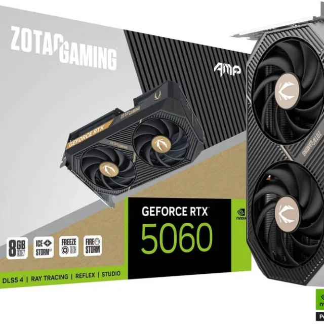 ZOTAC GAMING GeForce RTX 5060 AMP Graphics Card, 8GB GDDR7 128-Bit Memory, 2550MHz Engine Clock, 28 Gbps Memory Clock, 3840 CUDA Cores, PCI Express 5.0 x8 | ZT-B50600F-10M