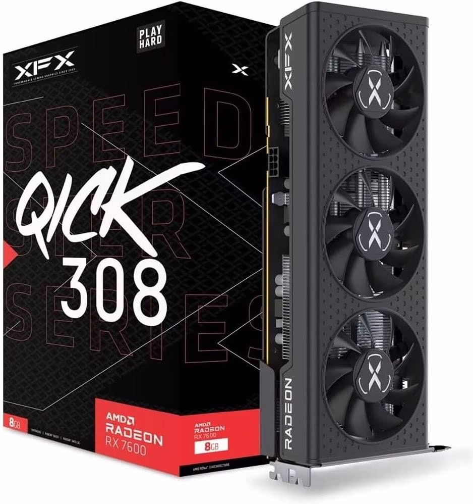XFX Speedster QICK308 Radeon RX 7600 Black Graphics Card, 8GB GDDR6 128bit Memory, 2755 MHz Boost Clock, 18 Gbps Memory Clock, 2048 Steam Processors, PCI-E 4.0, 3‍*DP 2.1 / HDMI 2.1 | RX-76PQICKBY