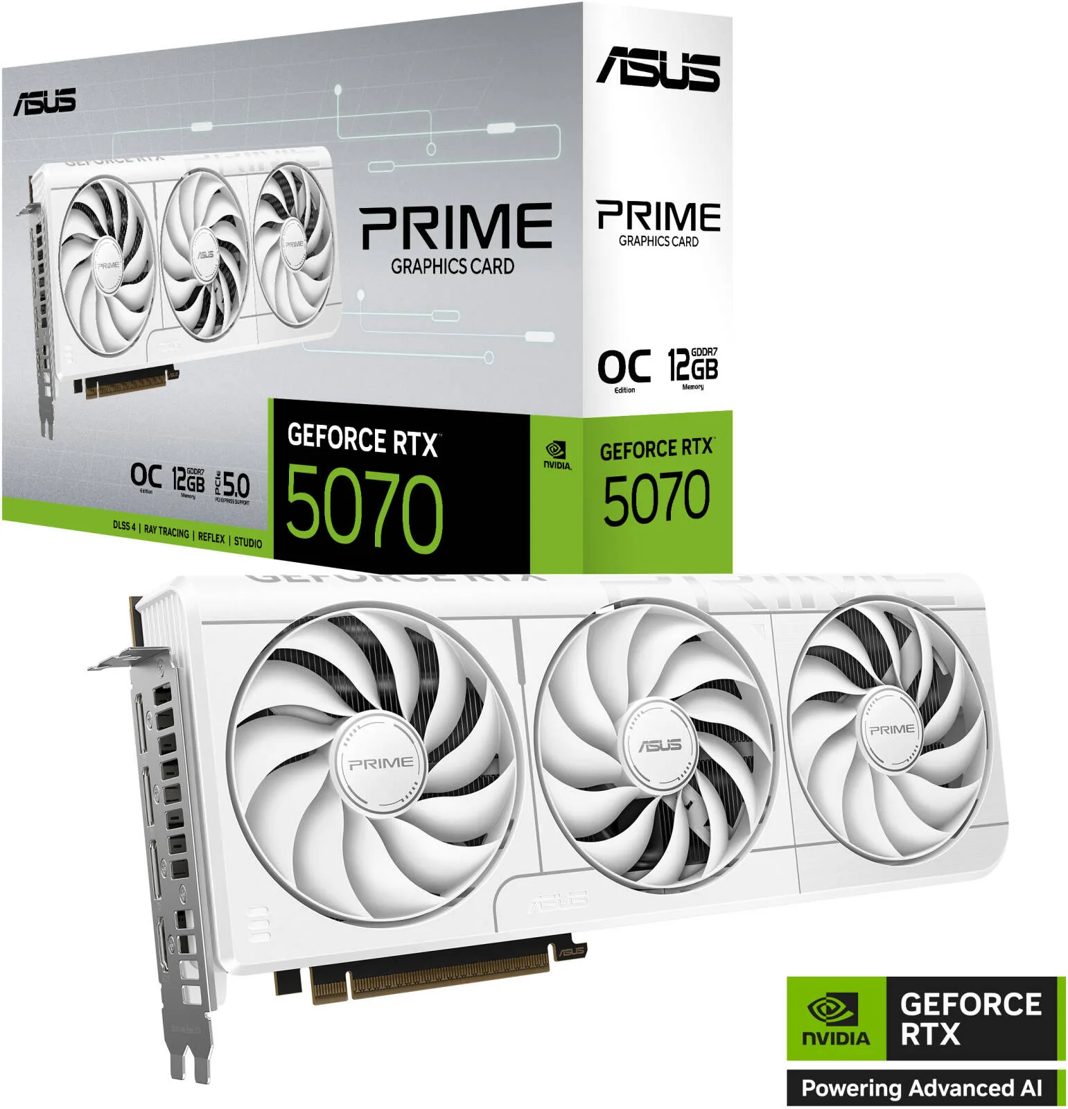 ASUS Prime GeForce RTX 5070 12GB OC Edition Graphics Card, GDDR7 192-Bit Memory, 2557MHz Boost Clock, 6144 CUDA Cores, 28 Gbps Memory Speed, PCI Express Gen 5, White | 90YV0M19-M0NA00