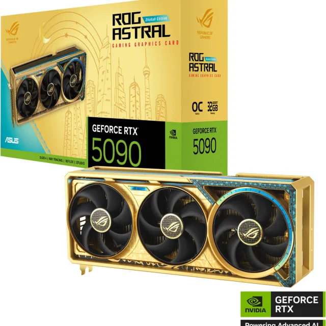 ASUS ROG Astral GeForce RTX 5090 Dhahab OC Edition Graphics Card, 32GB GDDR7 512-Bit Memory, 2580 MHz Boost Clock, 21760 CUDA Cores, 28 Gbps Memory Speed, Gold | 90YV0LW6-M0NM00