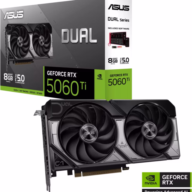 ASUS Dual GeForce RTX 5060 Ti Graphics Card, 8GB GDDR7 128-Bit Memory, 2572 MHz Boost Clock, 28 Gbps Memory Speed, 4608 CUDA Cores, PCI Express 5.0 | 90YV0MP3-M0NA00