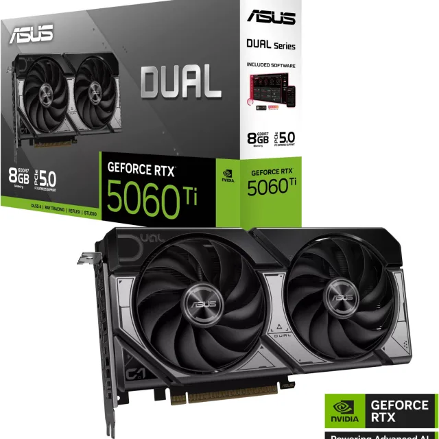 ASUS Dual GeForce RTX 5060 Ti Graphics Card, 8GB GDDR7 128-Bit Memory, 2572 MHz Boost Clock, 28 Gbps Memory Speed, 4608 CUDA Cores, PCI Express 5.0 | 90YV0MP3-M0NA00