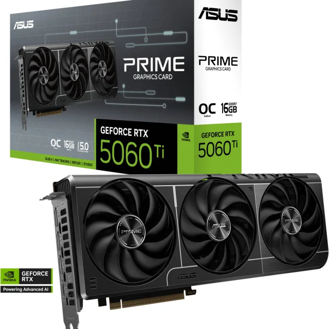 ASUS PRIME GeForce RTX 5060 Ti 16GB GDDR7 OC Edition Graphics Card, 16GB GDDR7 128-Bit Memory, 2617 MHz Boost Clock, 28 Gbps Memory Speed, 4608 CUDA Cores, PCI Express 5.0 | 90YV0MH2-M0NA00