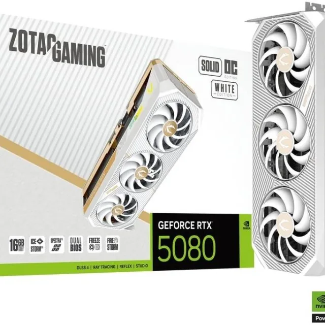 ZOTAC GAMING GeForce RTX 5080 SOLID OC Graphics Card, 16GB GDDR7 256-Bit Memory, 2640MHz Engine Clock, 30 Gbps Memory Clock, 10752 CUDA Cores, PCI Express 5.0 x16, White | ZT-B50800Q-10P