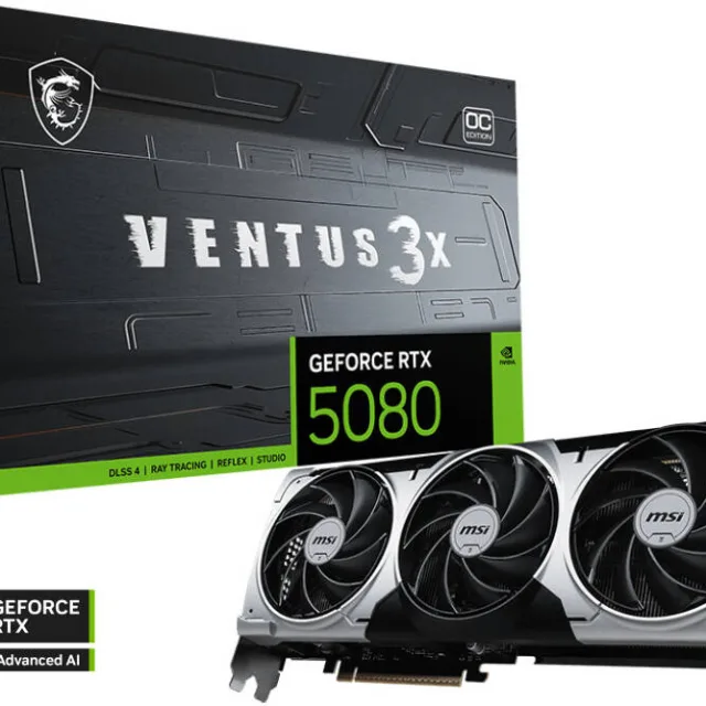 MSI GeForce RTX 5080 16G Ventus 3X OC Plus Graphic Card, 16GB GDDR7 256-bit Memory, 2640 MHz Boost Clock, 30 Gbps Memory Speed, 10752 CUDA Cores, PCI Express Gen 5 | 912-V531-030