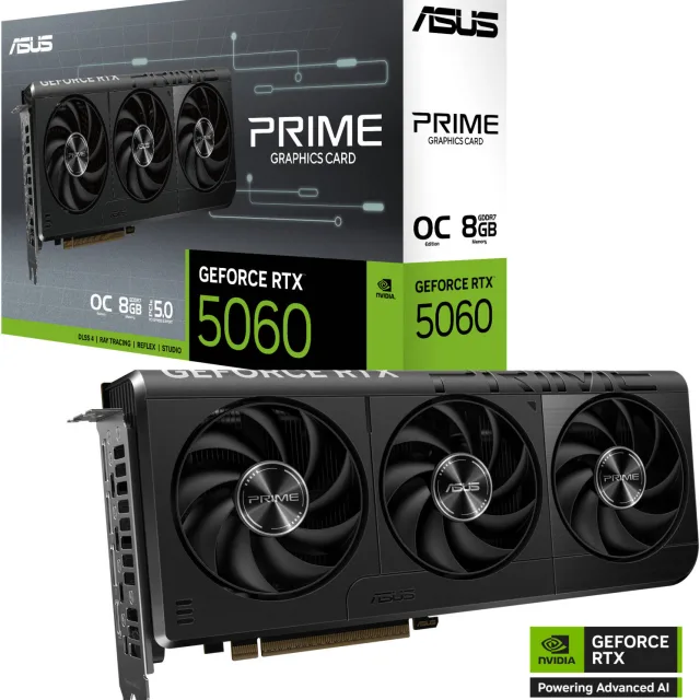ASUS PRIME GeForce RTX 5060 OC Edition Graphics Card, 8GB GDDR7 128-Bit Memory, 2565 MHz Boost Clock, 28 Gbps Memory Speed, 3840 CUDA Cores, PCI Express 5.0 | 90YV0N10-M0NA00