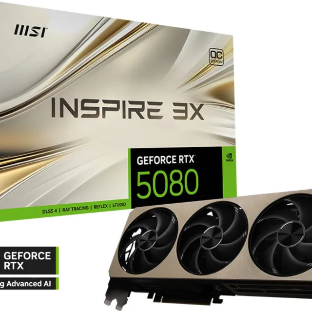 MSI GeForce RTX 5080 INSPIRE 3X OC Graphics Card, 16GB GDDR7 256-Bit Memory, 2640 MHz Boost Clock, 10752 CUDA Cores, 30 Gbps Memory Speed, PCI Express Gen 5 | 912-V531-203