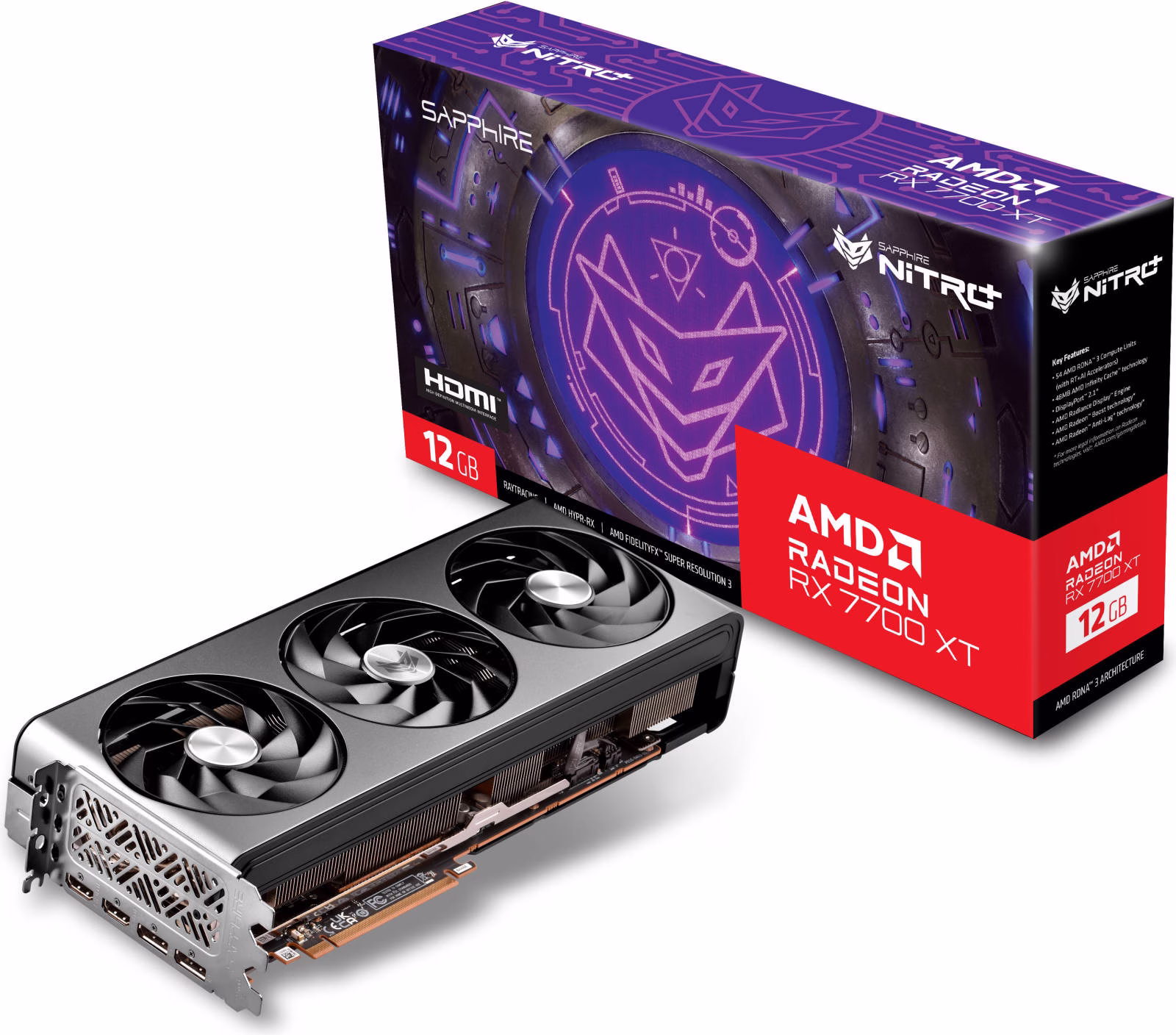 SAPPHIRE NITRO+ AMD Radeon RX 7700 XT Gaming Graphics Card, 12GB DDR6 192 bit Memory, 2599 MHz Boost Clock, 18 Gbps Memory Clock, AMD RDNA 3, PCI E 4.0, 2x HDMI 2x DP | 11335-02-20G