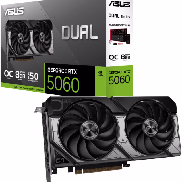 ASUS Dual GeForce RTX 5060 OC Edition Graphics Card, DUAL-RTX5060-O8G, 8GB GDDR7 128-Bit Memory, 2565 MHz Boost Clock, 28 Gbps Memory Speed, 3840 CUDA Cores, PCI Express 5.0 | 90YV0N12-M0NA00