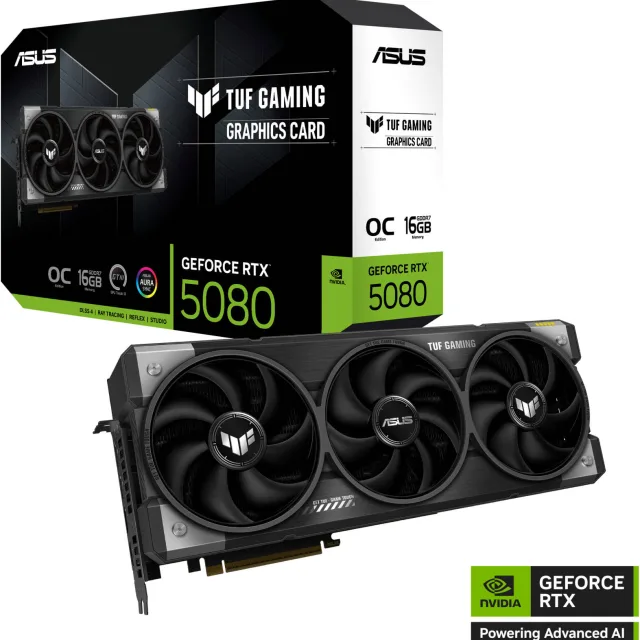 ASUS TUF Gaming GeForce RTX 5080 OC Graphics Card, 16GB GDDR7 256-Bit Memory, 10752 CUDA Cores, 30 Gbps Memory Clock, PCI Express 5.0 | 90YV0M30-M0NA00