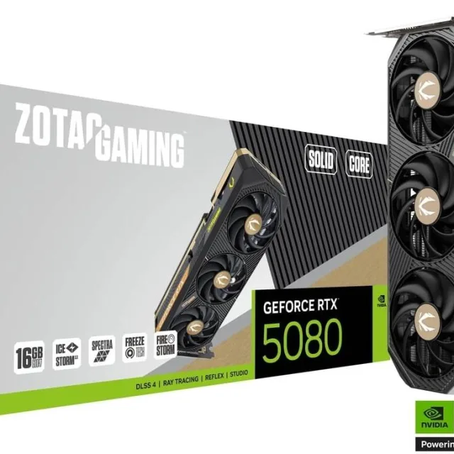 ZOTAC GAMING GeForce RTX 5080 SOLID CORE Graphics Card, 16GB GDDR7 256-Bit Memory, 2617 MHz Engine Clock, 30 Gbps Memory Clock, 10752 CUDA Cores, PCI Express 5.0 x16 | ZT-B50800D2-10P
