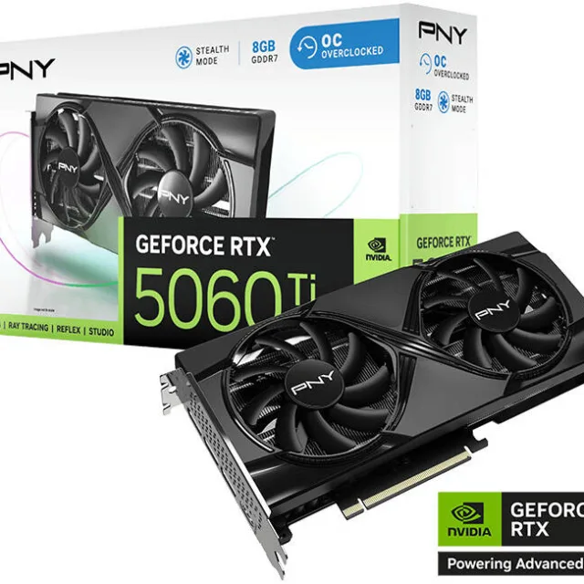 PNY GeForce RTX 5060 Ti 8GB Overclocked Dual Fan Graphics Card, 8GB GDDR7 128-Bit Memory, 2407 MHz Clock Speed, 4608 CUDA Cores, 8x PCI-Express 5.0 | VCG5060T8DFXPB1-O
