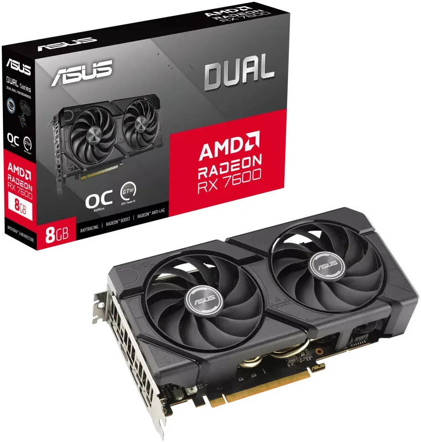 ASUS Dual Radeon™ RX 7600 EVO OC Edition Graphics Card, 8GB GDDR6, Up To 2715 MHz, PCIe 4.0, 3 x DisplayPort 1.4, 1 x HDMI 2.1 VRR Port, Axial-Tech Dual Fan Design, Black | 90YV0LD0-M0NA00