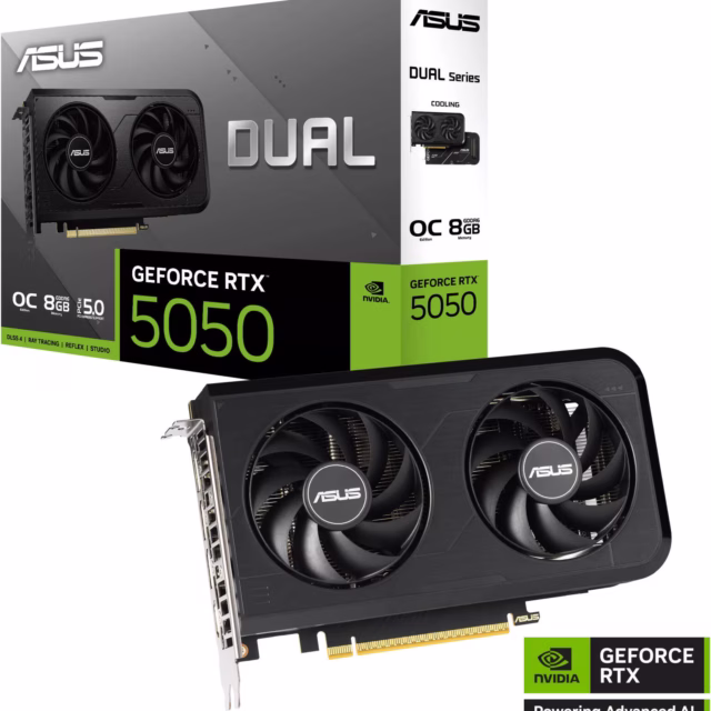 ASUS Dual GeForce RTX 5050 OC Edition Graphics Card, 8GB GDDR6 128-Bit Memory, 2647 MHz Boost Clock, 20 Gbps Memory Speed, 2560 CUDA Cores, PCI Express 5.0, Black | 90YV0N72-M0NA00