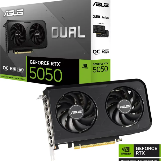 ASUS Dual GeForce RTX 5050 OC Edition Graphics Card, 8GB GDDR6 128-Bit Memory, 2647 MHz Boost Clock, 20 Gbps Memory Speed, 2560 CUDA Cores, PCI Express 5.0, Black | 90YV0N72-M0NA00