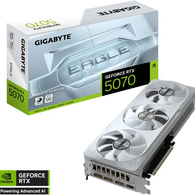 Gigabyte GeForce RTX 5070 EAGLE OC ICE SFF Graphics Card, 12GB GDDR7 192-Bit Memory, 2587 MHz Core Clock, 6144 CUDA Cores, 28 Gbps Memory Speed, PCI-Express 5.0 | GV-N5070EAGLEOC ICE-12GD