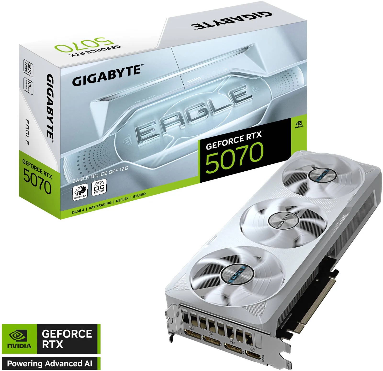 Gigabyte GeForce RTX 5070 EAGLE OC ICE SFF Graphics Card, 12GB GDDR7 192-Bit Memory, 2587 MHz Core Clock, 6144 CUDA Cores, 28 Gbps Memory Speed, PCI-Express 5.0 | GV-N5070EAGLEOC ICE-12GD
