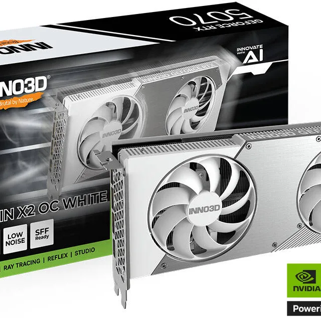Inno3D GeForce RTX 5070 TWIN X2 OC 12GB Graphics Card, GDDR7 192-Bit Memory, 2325 MHz Base Clock, 28 Gbps Memory Clock, 6144 CUDA Cores, PCI Express Gen 5, White | N50702-12D7X-195064W