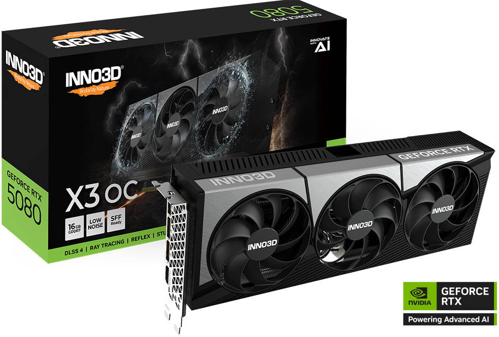 Inno3D GeForce RTX 5080 X3 OC 16GB Graphics Card, GDDR7 256-Bit Memory, 2295 MHz Base Clock, 30 Gbps Memory Clock, 10752 CUDA Cores, PCI Express Gen 5, Black | N50803-16D7X-17603930
