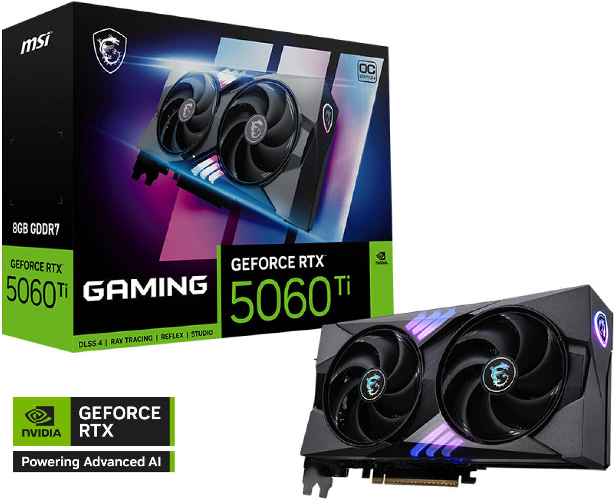 MSI GeForce RTX 5060 Ti GAMING OC Graphics Card, 8GB GDDR7 128-Bit Memory, 2647 MHz Boost Clocks, 28 Gbps Memory Speed, 4608 CUDA Cores, PCI Express Gen 5 x16 | 912-V536-026