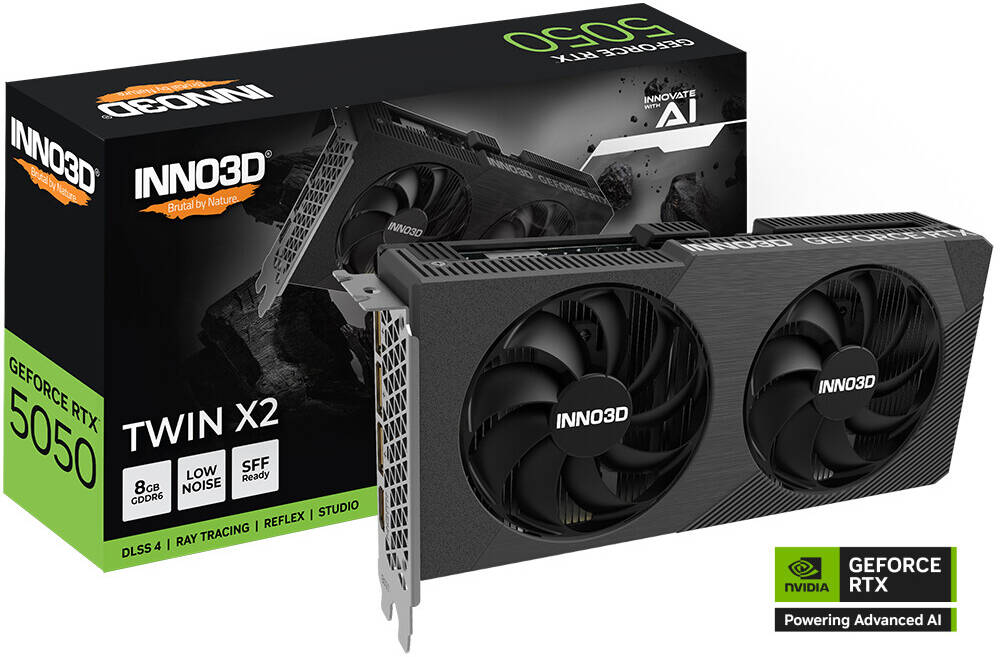 Inno3D GeForce RTX 5050 TWIN X2 8GB Graphics Card, GDDR6 128-Bit Memory, 2317 MHz Base Clock, 20 Gbps Memory Clock, 2560 CUDA Cores, PCI Express Gen 5 | N50502-08D6-174071N