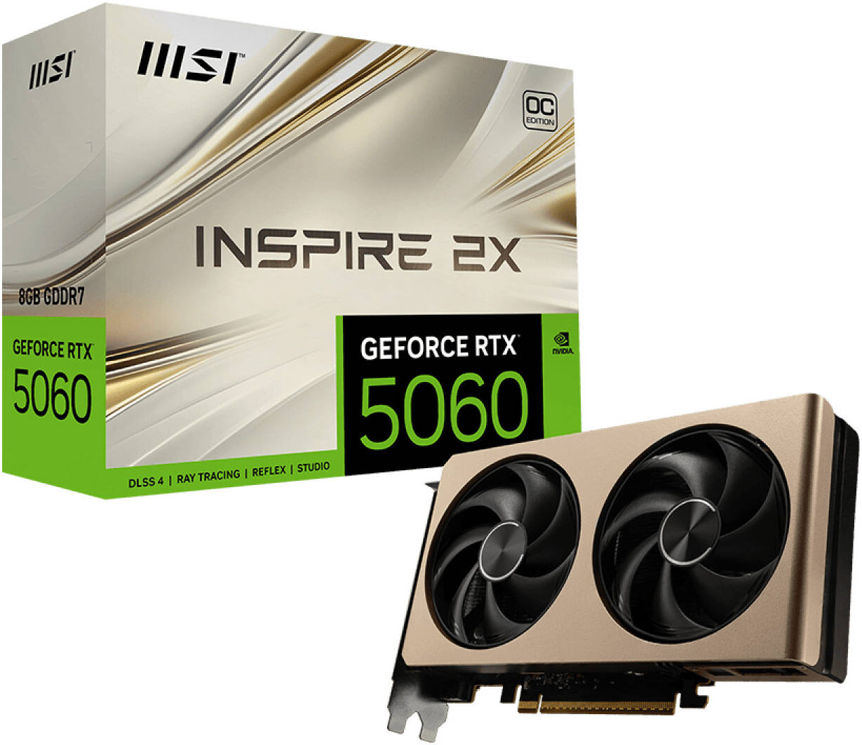 MSI RTX 5060 INSPIRE 2X OC 8GB Graphics Card, GDDR7 128-Bit Memory, 2535 MHz Boost Clocks, 28 Gbps Memory Speed, 3840 Units CUDA Cores, PCI Express Gen5 | 912-V537-020