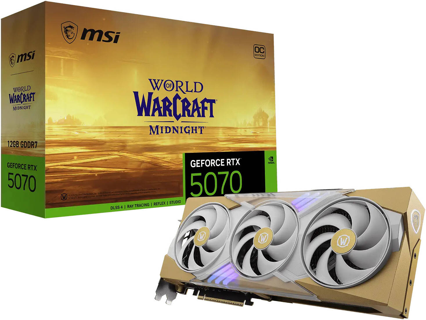 MSI GeForce RTX 5070 World of Warcraft Midnight Light Edition OC Graphics Card, 12GB GDDR7 192-Bit Memory, 2610 MHz Boost Clock, 28 Gbps Memory Speed, 6144 CUDA Cores, PCI Express Gen 5 | 912-V532-256