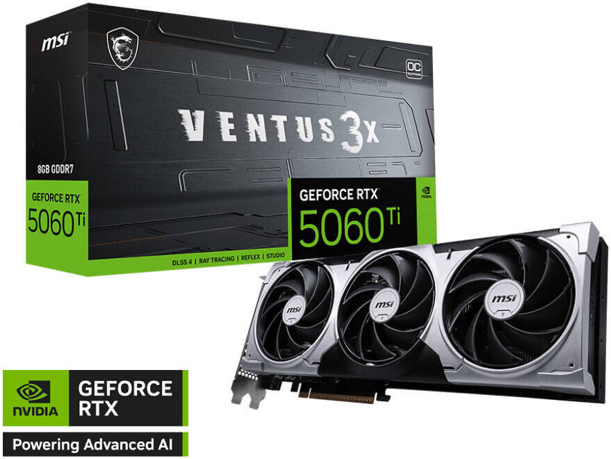 MSI GeForce RTX 5060 Ti 8G VENTUS 3X OC Graphics Card, 8GB GDDR7 128-Bit Memory, 2602 MHz Boost Clock, 28 Gbps Memory Speed, 4608 CUDA Cores, PCI Express Gen 5 x16 | 912-V812-079