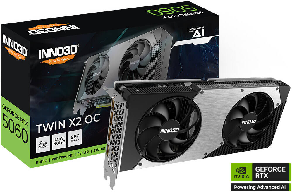Inno3D GeForce RTX 5060 TWIN X2 OC 8GB Graphics Card, GDDR7 128-Bit Memory, 2280 MHz Base Clock, 28 Gbps Memory Clock, 3840 CUDA Cores, PCI Express Gen 5 | N50602-08D7X-195070N