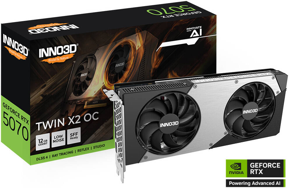 Inno3D GeForce RTX 5070 TWIN X2 OC 12GB Graphics Card, GDDR7 192-Bit Memory, 2325 MHz Base Clock, 28 Gbps Memory Clock, 6144 CUDA Cores, PCI Express Gen 5 | N50702-12D7X-195064N