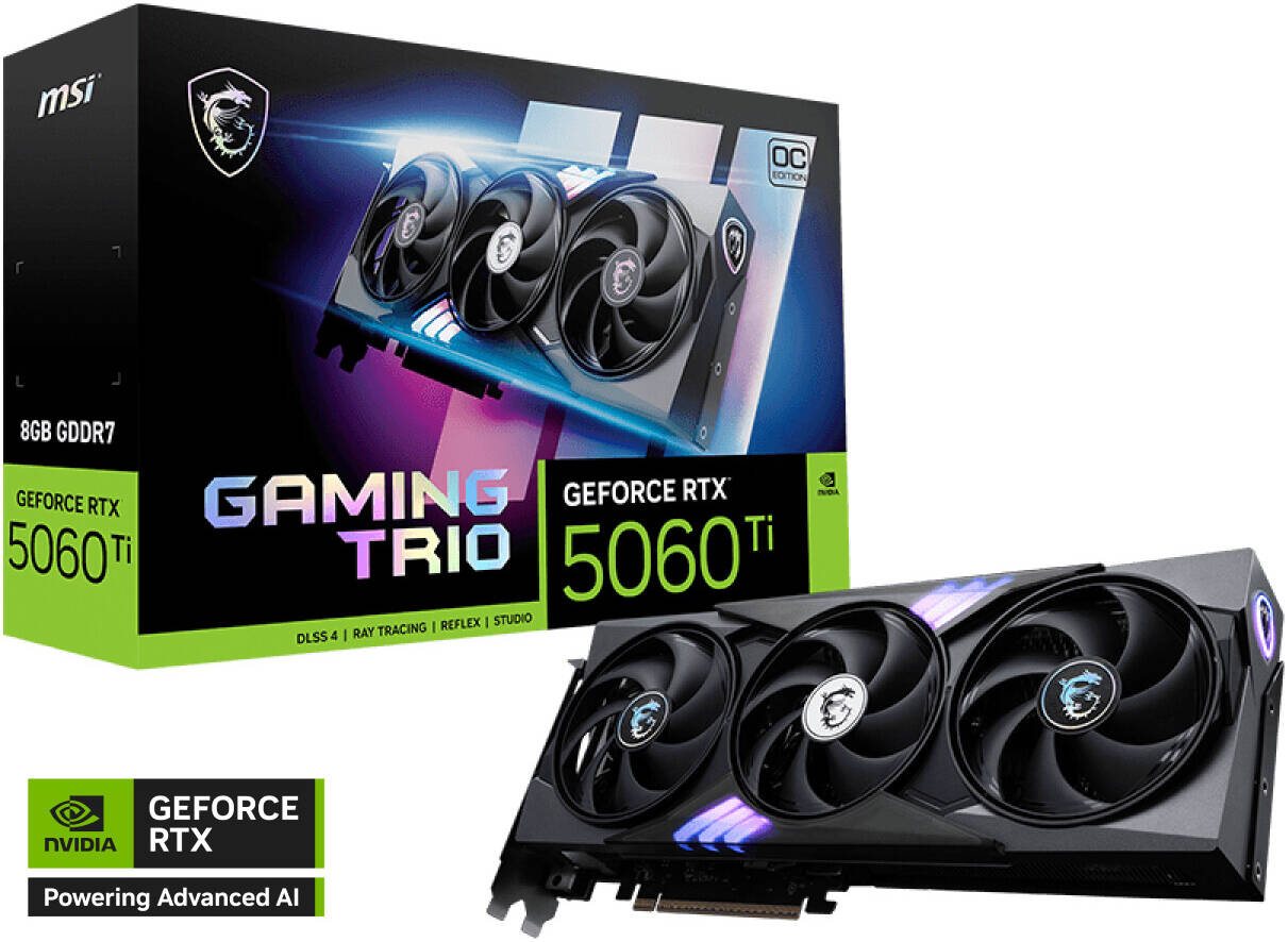 MSI GeForce RTX 5060 Ti GAMING TRIO OC 8GB Graphics Card, GDDR7 128-Bit Memory, 2647 MHz Boost Clock, 28 Gbps Memory Speed, 4608 CUDA Cores, PCI Express 5 | 912-V536-022