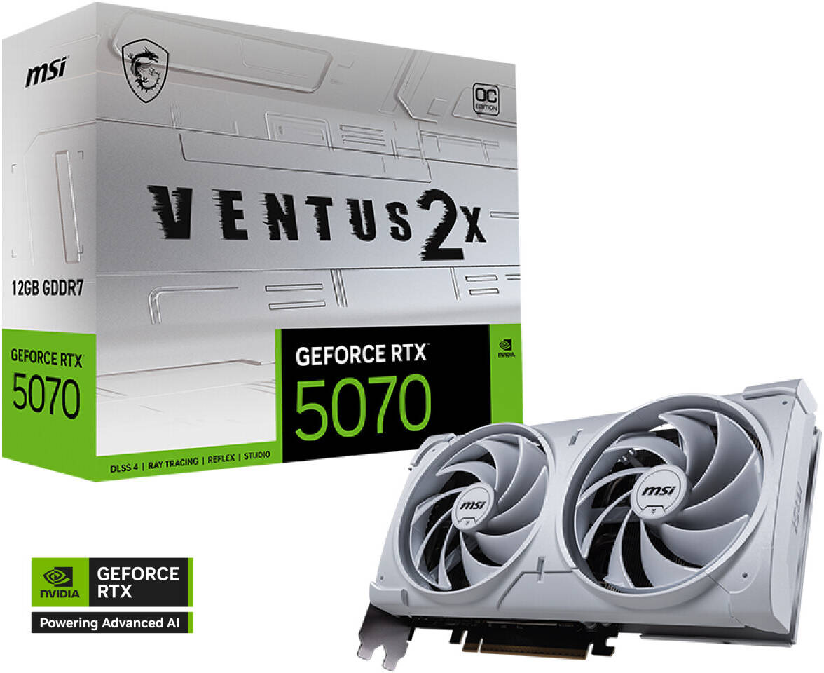 MSI GeForce RTX 5070 VENTUS 2X OC Edition Graphics Card, 12GB GDDR7 192-Bit Memory, 2542 MHz Boost Clock, 6144 CUDA Cores, 28 Gbps Memory Speed, PCI Express Gen 5, White | 912-V532-010
