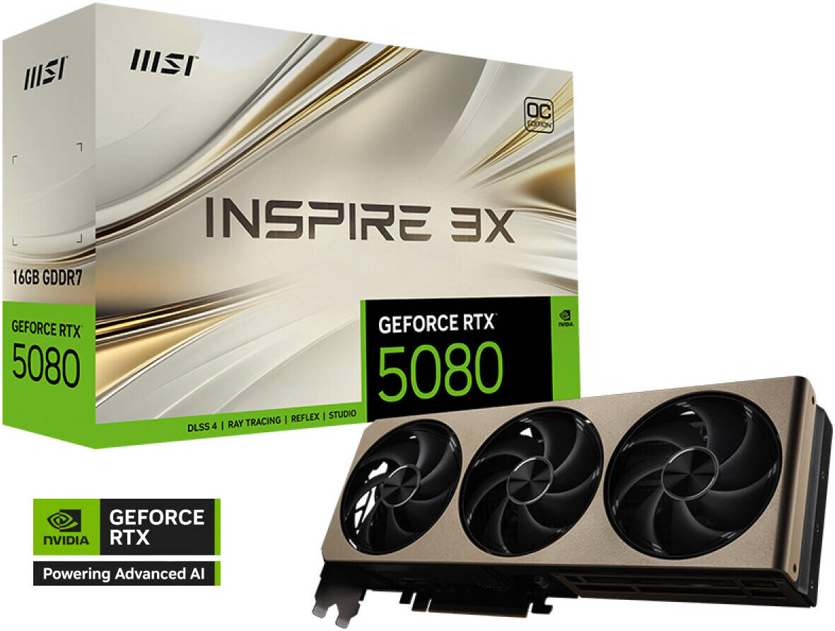 MSI GeForce RTX 5080 INSPIRE 3X OC Graphics Card, 16GB GDDR7 256-Bit Memory, 2640 MHz Boost Clock, 10752 CUDA Cores, 30 Gbps Memory Speed, PCI Express Gen 5 | 912-V531-203