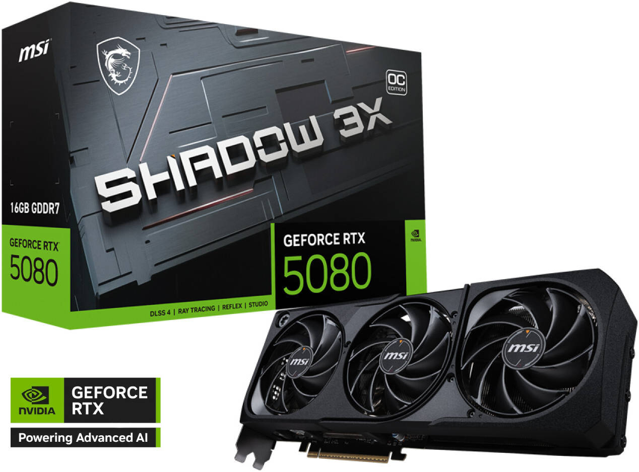 MSI GeForce RTX 5080 SHADOW 3X OC Graphics Card, 16GB GDDR7 256-Bit Memory, 2640 MHz Boost Clock, 10752 CUDA Cores, 30 Gbps Memory Speed, PCI Express Gen 5, | 912-V531-031