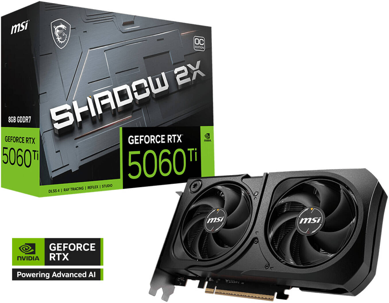 MSI GeForce RTX 5060 Ti 8GB SHADOW 2X OC PLUS Graphics Card, GDDR7 128-Bit Memory, 2602 MHz Boost Clock, 28 Gbps Memory Speed, 4608 CUDA Cores, PCI Express Gen 5 | 912-V536-023