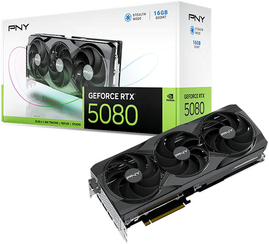 PNY GeForce RTX 5080 Triple Fan Graphics Card, 16GB GDDR7 256-Bit Memory, 2.62 GHz Boost Clock, 10752 CUDA Cores, 30 Gbps Memory Speed, PCI-Express 5.0 | VCG508016TFXPB1