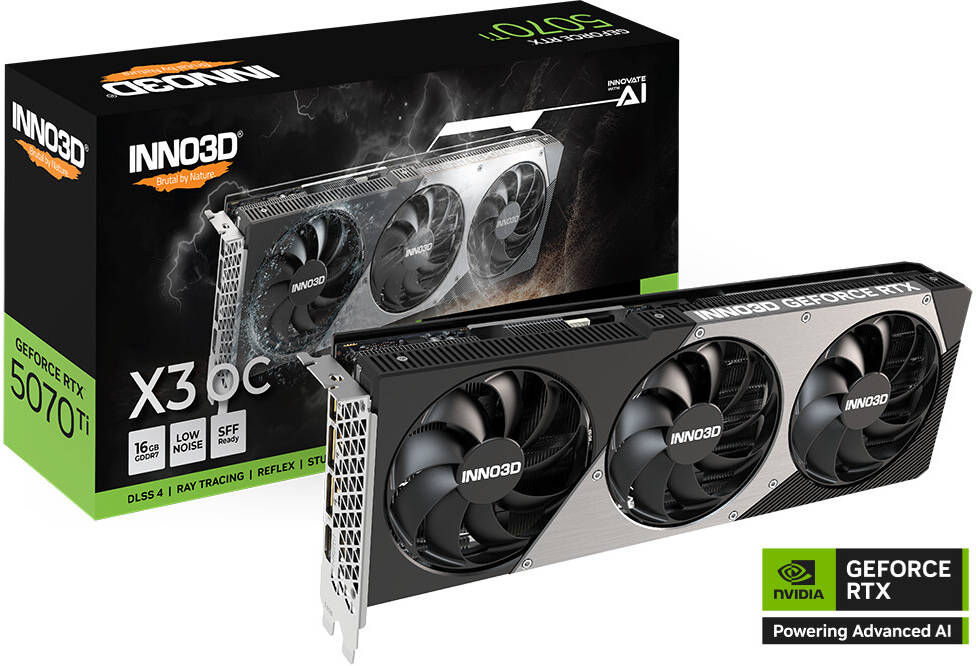 Inno3D GeForce RTX 5070 Ti X3 OC 16GB Graphics Card, GDDR7 256-Bit Memory, 2295 MHz Base Clock, 28 Gbps Memory Clock, 8960 CUDA Cores, PCI Express Gen 5 | N507T3-16D7X-176068N