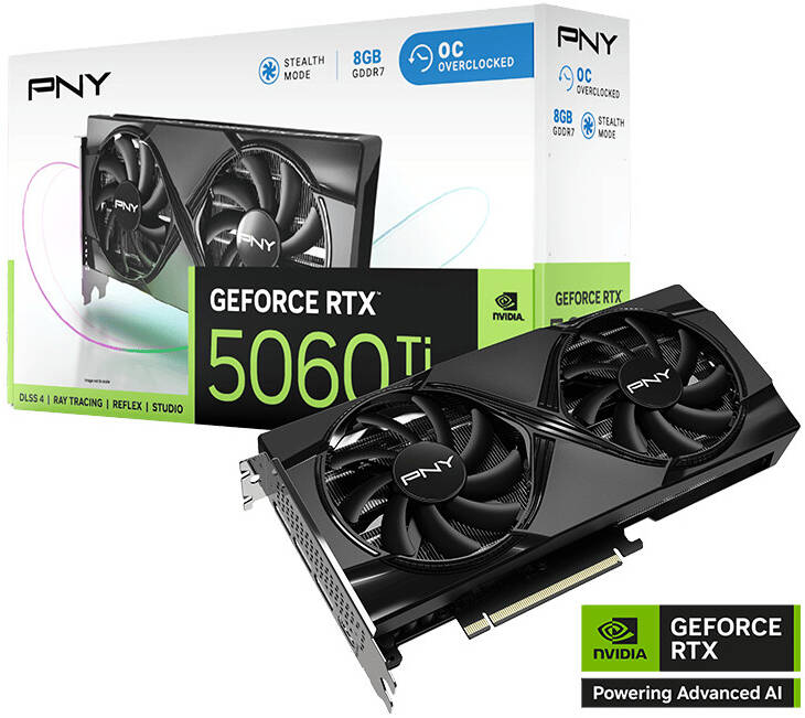 PNY GeForce RTX 5060 Ti 8GB Overclocked Dual Fan Graphics Card, 8GB GDDR7 128-Bit Memory, 2407 MHz Clock Speed, 4608 CUDA Cores, 8x PCI-Express 5.0 | VCG5060T8DFXPB1-O