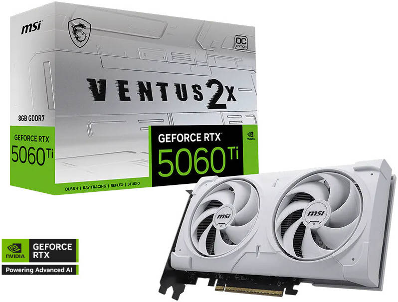 MSI GeForce RTX 5060 Ti Ventus 2X OC Plus Graphics Card, 8GB GDDR7 128-Bit Memory, 2602 MHz Boost Clock, 28 Gbps Memory Speed, 4608 CUDA Cores, PCI Express Gen 5, White | 912-V536-025