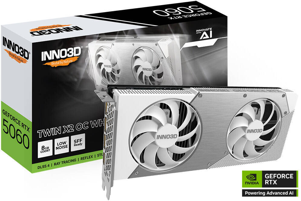 Inno3D GeForce RTX 5060 TWIN X2 OC 8GB Graphics Card, GDDR7 128-Bit Memory, 2280 MHz Base Clock, 28 Gbps Memory Clock, 3840 CUDA Cores, PCI Express Gen 5, White | N50602-08D7X-195070W