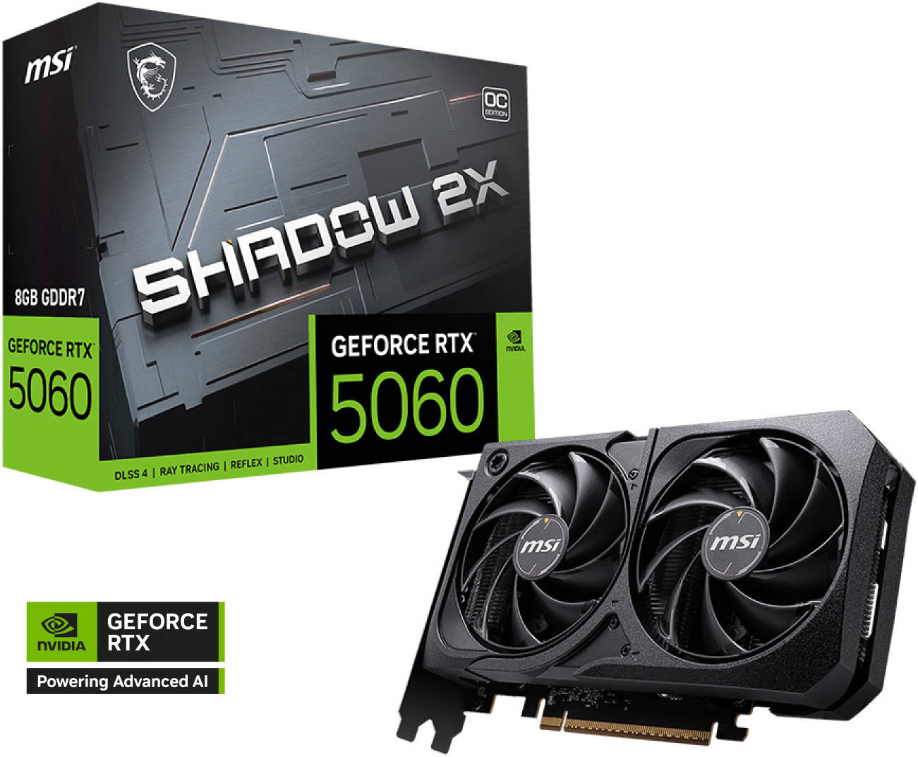MSI GeForce RTX 5060 SHADOW 2X OC Graphics Card, 8GB GDDR7 128-Bit Memory, 2527 MHz Boost Clock, 28 Gbps Memory Speed, 3840 CUDA Cores, PCI Express Gen 5 x16 | 912-V537-019