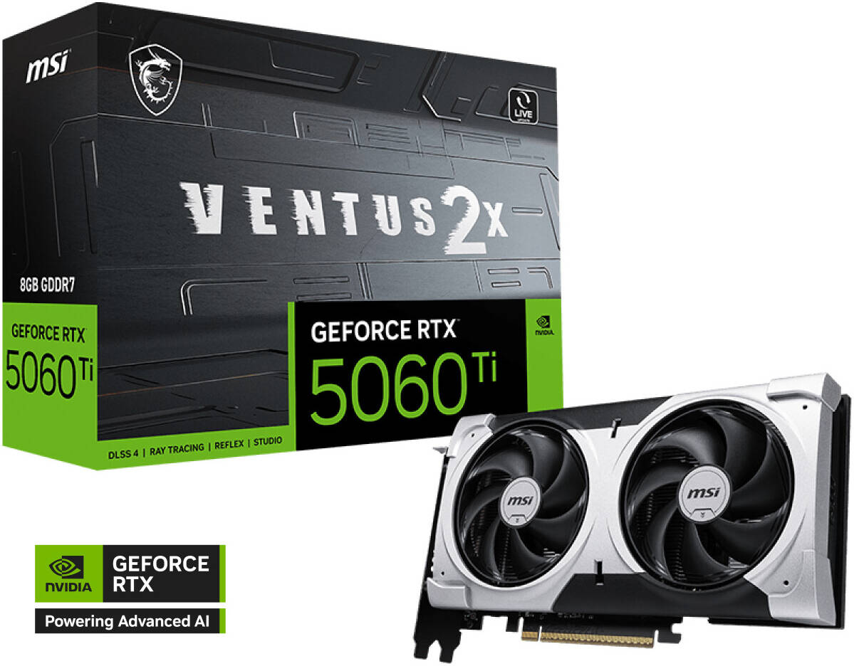 MSI GeForce RTX 5060 Ti VENTUS 2X PLUS Graphics Card, 8GB GDDR7 128-Bit Memory, 2572 MHz Boost Clock, 28 Gbps Memory Speed, 4608 CUDA Cores, PCI Express Gen 5 x16 | 912-V536-051